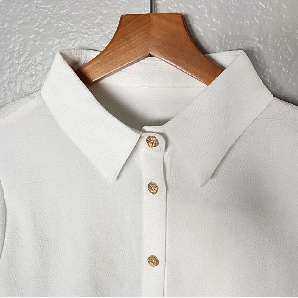 Elegant White Collared Shirt with Wooden Buttons